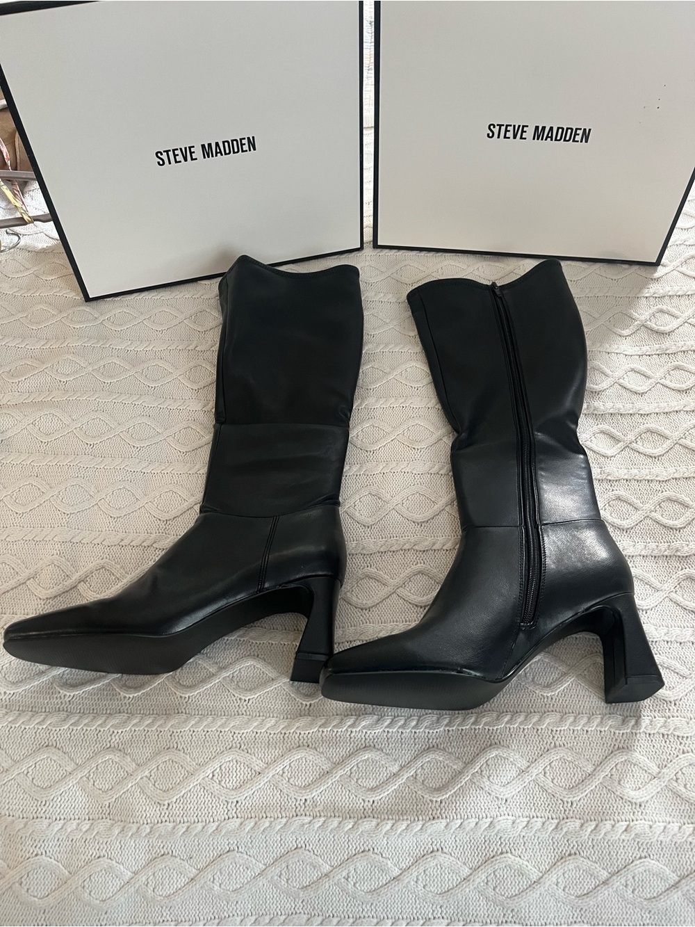 Steve Madden Black Knee-High Zip Heel Block Boots Faux Leather Various Sizes